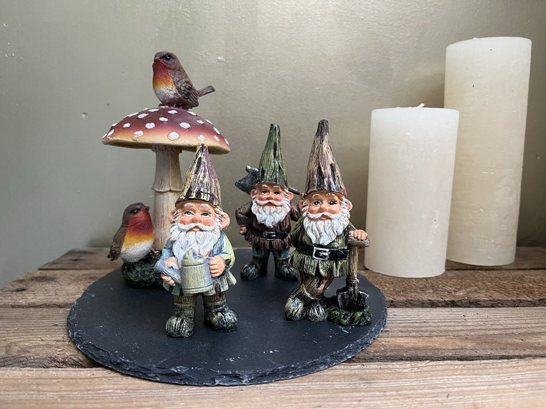 Set van drie kaboutertjes en een paddenstoel