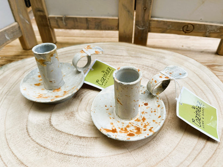 Set vintage metalen kandelaars met greepje (incl kaarsen)